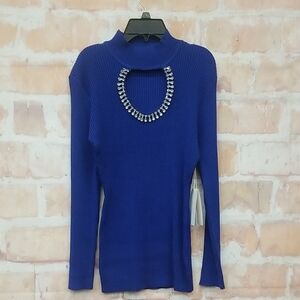 Womens Size Large Royal Cocobleu Blue Cutout Sweater with Embellished Neckline